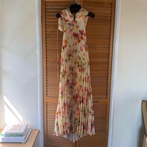 A.L.C. Pleated Floral Maxi Dress in Cream with Pink & Green Accents